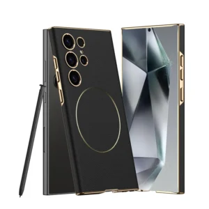 Leather Case Compatible with Samsung Galaxy S24 Ultra and Compatible with Magsafe Charging Electroplated Hard PC Lightweight Cover, Orange