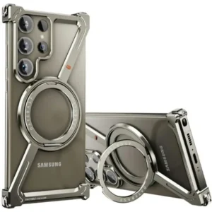 Magnetic Phone Case for Samsung Galaxy S24 Ultra Metal Phone Bumper with Finger Ring Holder
